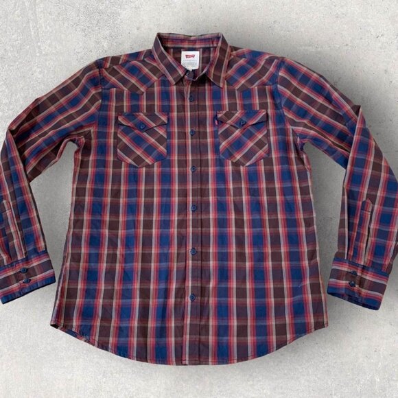 Levi’s Western Shirt Men’s Size Large Red Blue Plaid Long Sleeve Button Down - Picture 1 of 5